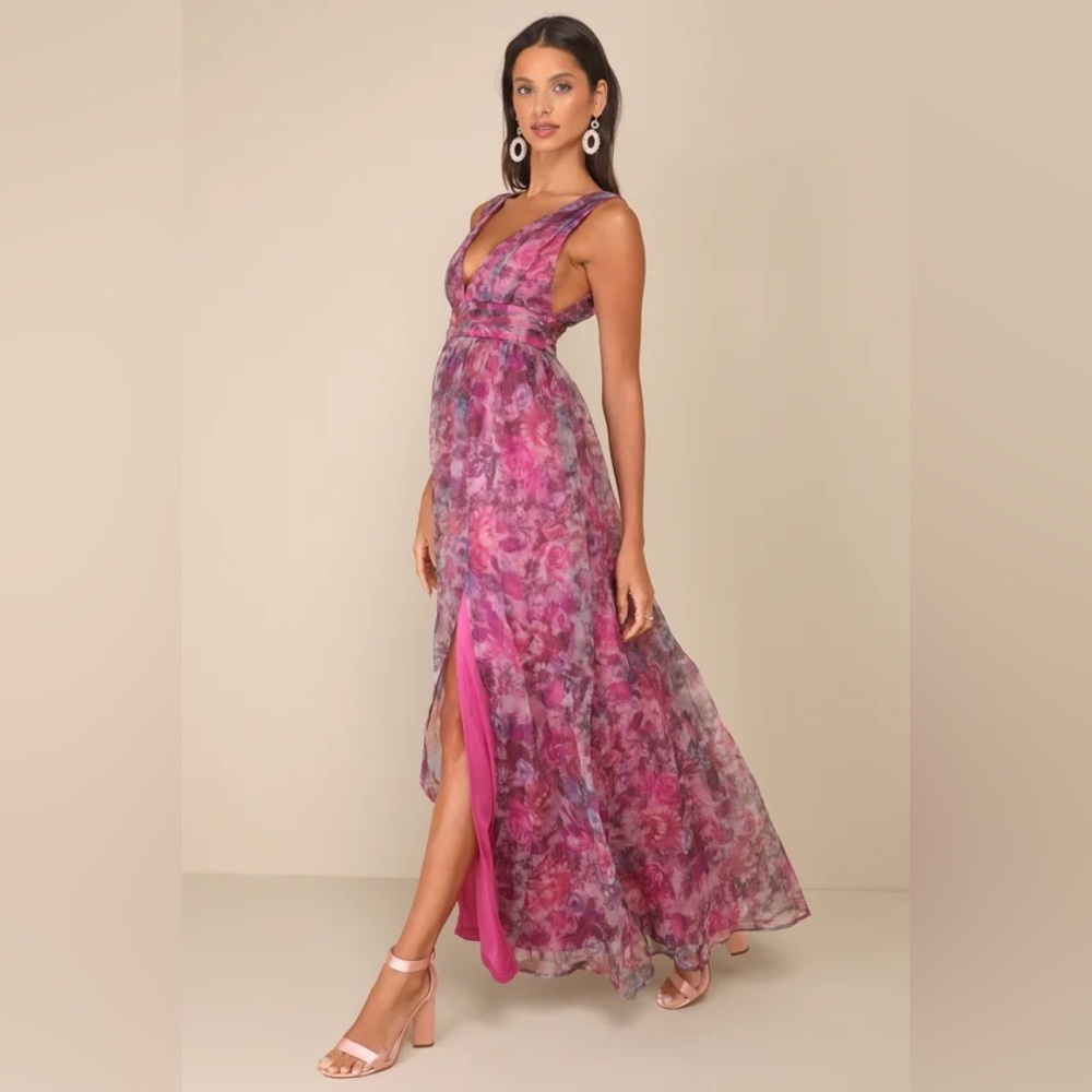 Lulus - Garden Romance Magenta Floral Print Organza Maxi Dress
